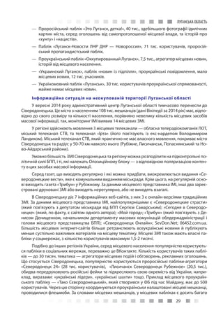 29
ЛУГАНСЬКА ОБЛАСТЬ
—— Проросійський паблік «Это Луганск, детка!», 40 тис., здебільшого фотографії ідилічних
картин міста, серед оголошень від самопроголошеної місцевої влади, та історій про
«хунту» і «нацистів».
—— Паблік «Луганск-Новости ЛНР ДНР  — Новороссия», 71 тис. користувачів, проросій-
ський пропагандистський паблік.
—— Проукраїнський паблік «Оккупированный Луганск», 7,5 тис., агрегатор місцевих новин,
історій від місцевого населення.
—— «Украинский Луганск», паблік «новин із підпілля», проукраїнські повідомлення, мало
місцевих новин, 12 тис. учасників.
—— Україномовний паблік «Луганськ», 30 тис. користувачів проукраїнської спрямованості,
майже немає місцевих новин.
Інформаційна ситуація на неокупованій території Луганської області
У вересні 2014 року адміністративний центр Луганської області тимчасово перенесли до
Сіверодонецька. Це місто з населенням 108 тис. мешканців (дані Вікіпедії за 2014 рік) має, відпо-
відно до свого розміру та кількості населення, порівняно невелику кількість місцевих засобів
масової інформації, так, моніторинг ІМІ виявив 14 місцевих ЗМІ.
У регіоні здійснюють мовлення 3 місцевих телеканали — обласна телерадіокомпанія ЛОТ,
міський телеканал СТВ, та телеканал «Ірта» (його пов’язують із екс-нардепом Володимиром
Ландиком). Міський телеканал СТВ, який практично не має власного мовлення, покриває місто
Сіверодонецьк та радіус у 50-70 км навколо нього (Рубіжне, Лисичанськ, Попаснянський та Но-
во-Айдарський райони).
Умовно більшість ЗМІ Сіверодонецька та регіону можна розподілити на підконтрольні по-
літичній силі БПП, і ті, які належать Опозиційному блоку — з відповідною поляризацією контен-
ту в цих засобах масової інформації.
Серед газет, що виходять регулярно і які можна придбати, виокремлюється видання «Се-
веродонецкие вести», яке є комунальним виданням міськради. Крім цього, на регулярній осно-
ві виходить газета «Трибун» у Рубіжному. За даними місцевого представника ІМІ, інші два зареє-
стровані друковані ЗМІ або виходять нерегулярно, або не виходять взагалі.
В Сіверодонецьку діє 7 інформаційних веб-сайтів, з них 3 є онлайн-версіями традиційних
ЗМІ. За даними місцевого представника ІМІ, найпопулярнішими є «Северодонецкие страсти»
(який пов’язують з депутатом міськради від БПП Сергієм Самарським); «Сегодня в Северодо-
нецке» (який, по факту, є сайтом одного автора); «Мой город»; «Трибун» (який пов’язують з Де-
нисом Денищенком, начальником департаменту масових комунікацій облдержадміністрації і
голови місцевого представництва БПП); «Северодонецк Онлайн»; SevDon.Net; 06452.com.ua.
Більшість місцевих інтернет-сайтів більше ретранслюють всеукраїнські новини й публікують
менше суспільно важливих матеріалів на місцеву тематику. Місцеві ЗМІ також мають власні па-
бліки у соцмережах, з кількістю користувачів максимум 1,5-2 тисячі.
Подібно до інших регіонів України, серед місцевого населення популярністю користують-
ся пабліки в соціальних мережах, переважно це ВКонтакте. Кількість користувачів таких паблі-
ків — до 30 тисяч, тематика — агрегатори місцевих подій і обговорень, рекламних оголошень.
Що стосується Сіверодонецька, популярністю користуються проросійські пабліки-агрегатори
«Северодонецк 24» (28 тис. користувачів), «Лисичанск Северодонецк Рубежное» (20,5 тис.),
обидва передруковують російські фейки та підкреслюють свою окремість від України, напри-
клад, виразами: «українські лідери», «українські шахти» тощо. Приклад місцевого проукраїн-
ського пабліку — «Тако Сєвєродонецький», який створився у ФБ під час Майдану, має до 500
користувачів. Через цю сторінку координуються проукраїнськи налаштовані місцеві мешканці,
проводилися флешмоби. За словами місцевих мешканців, у місцевих пабліках є досить багато
 