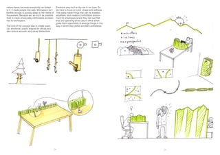 nature theme because everybody can adapt
to it. It made people feel safe. Workspace isn’t
flexible enough to quickly adapt to the needs of
the workers. Because we, as much as possible
tried to made emotionally comfortable accesso-
ries for workspace.
The core of the concept was to create poeti-
cal, emotional, playful shapes for offices and
also reduce acoustic and visual distractions.
28 29
Emotions play such a big role in our lives. So
we tried to focus on color, shape and softness.
This ready made things that can be installed
anywhere, and create a comfortable environ-
ment for employees where they can see that
they are spending whole day in office which
gives them opportunity to arrange things in this
way in which they prefer and feel comfortable.
 