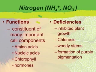 Nitrogen (NH4+, NO3-)

• Functions        • Deficiencies
  – constituent of   – inhibited plant
   many important      growth
   cell components   – Chlorosis
    • Amino acids       – woody stems
    • Nucleic acids     – formation of purple
    • Chlorophyll         pigmentation
    • hormones
 