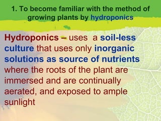 1. To become familiar with the method of
      growing plants by hydroponics

Hydroponics – uses a soil-less
culture that uses only inorganic
solutions as source of nutrients
where the roots of the plant are
immersed and are continually
aerated, and exposed to ample
sunlight
 