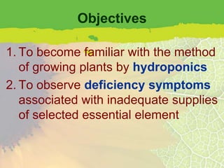 Objectives

1. To become familiar with the method
   of growing plants by hydroponics
2. To observe deficiency symptoms
   associated with inadequate supplies
   of selected essential element
 