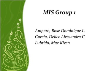 MIS Group 1


Amparo, Rose Dominique L.
Garcia, Delice Alessandra G.
Lubrido, Mac Kiven
 
