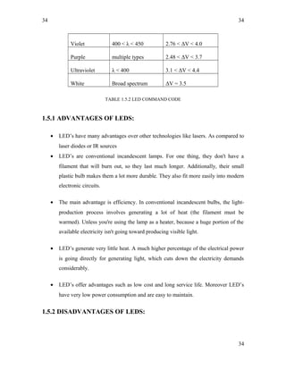 34
Violet 400 < λ < 450 2.76 < ΔV < 4.0
Purple multiple types 2.48 < ΔV < 3.7
Ultraviolet λ < 400 3.1 < ΔV < 4.4
White Broad spectrum ΔV = 3.5
TABLE 1.5.2 LED COMMAND CODE
1.5.1 ADVANTAGES OF LEDS:
• LED’s have many advantages over other technologies like lasers. As compared to
laser diodes or IR sources
• LED’s are conventional incandescent lamps. For one thing, they don't have a
filament that will burn out, so they last much longer. Additionally, their small
plastic bulb makes them a lot more durable. They also fit more easily into modern
electronic circuits.
• The main advantage is efficiency. In conventional incandescent bulbs, the light-
production process involves generating a lot of heat (the filament must be
warmed). Unless you're using the lamp as a heater, because a huge portion of the
available electricity isn't going toward producing visible light.
• LED’s generate very little heat. A much higher percentage of the electrical power
is going directly for generating light, which cuts down the electricity demands
considerably.
• LED’s offer advantages such as low cost and long service life. Moreover LED’s
have very low power consumption and are easy to maintain.
1.5.2 DISADVANTAGES OF LEDS:
34
34
 