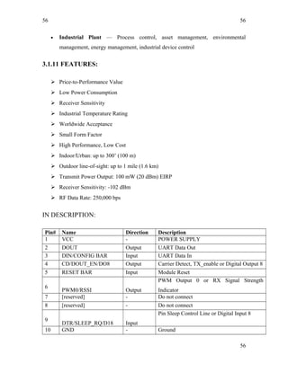 56
• Industrial Plant — Process control, asset management, environmental
management, energy management, industrial device control
3.1.11 FEATURES:
 Price-to-Performance Value
 Low Power Consumption
 Receiver Sensitivity
 Industrial Temperature Rating
 Worldwide Acceptance
 Small Form Factor
 High Performance, Low Cost
 Indoor/Urban: up to 300’ (100 m)
 Outdoor line-of-sight: up to 1 mile (1.6 km)
 Transmit Power Output: 100 mW (20 dBm) EIRP
 Receiver Sensitivity: -102 dBm
 RF Data Rate: 250,000 bps
IN DESCRIPTION:
Pin# Name Direction Description
1 VCC - POWER SUPPLY
2 DOUT Output UART Data Out
3 DIN/CONFIG BAR Input UART Data In
4 CD/DOUT_EN/DO8 Output Carrier Detect, TX_enable or Digital Output 8
5 RESET BAR Input Module Reset
6
PWM0/RSSI Output
PWM Output 0 or RX Signal Strength
Indicator
7 [reserved] - Do not connect
8 [reserved] - Do not connect
9
DTR/SLEEP_RQ/D18 Input
Pin Sleep Control Line or Digital Input 8
10 GND - Ground
56
56
 