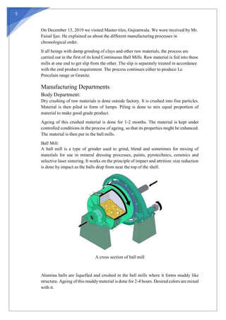 5
On December 13, 2019 we visited Master tiles, Gujranwala. We were received by Mr.
Faisal Ijaz. He explained us about the different manufacturing processes in
chronological order.
It all beings with damp grinding of clays and other raw materials, the process are
carried out in the first of its kind Continuous Ball Mills. Raw material is fed into these
mills at one end to get slip from the other. The slip is separately treated in accordance
with the end product requirement. The process continues either to produce Le
Porcelain range or Granite.
Manufacturing Departments
Body Department:
Dry crushing of raw materials is done outside factory. It is crushed into fine particles.
Material is then piled in form of lumps. Piling is done to mix equal proportion of
material to make good grade product.
Ageing of this crushed material is done for 1-2 months. The material is kept under
controlled conditions in the process of ageing, so that its properties might be enhanced.
The material is then put in the ball mills.
Ball Mill:
A ball mill is a type of grinder used to grind, blend and sometimes for mixing of
materials for use in mineral dressing processes, paints, pyrotechnics, ceramics and
selective laser sintering. It works on the principle of impact and attrition: size reduction
is done by impact as the balls drop from near the top of the shell.
A cross section of ball mill
Alumina balls are liquefied and crushed in the ball mills where it forms muddy like
structure. Ageing of this muddy material is done for 2-4 hours. Desired colors are mixed
with it.
 