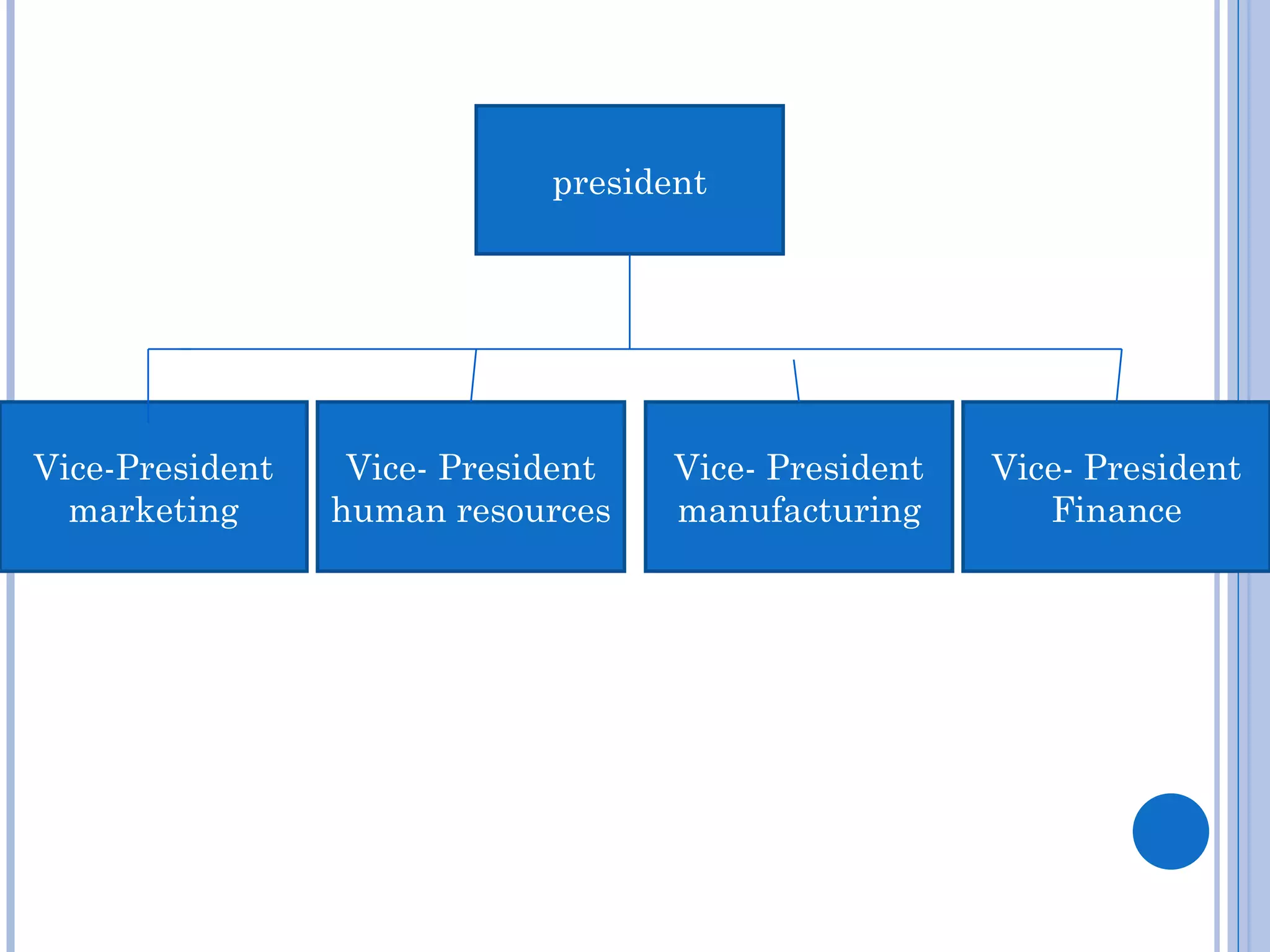 president




Vice-President    Vice- President   Vice- President   Vice- President
  marketing      human resources    manufacturing        Finance
 
