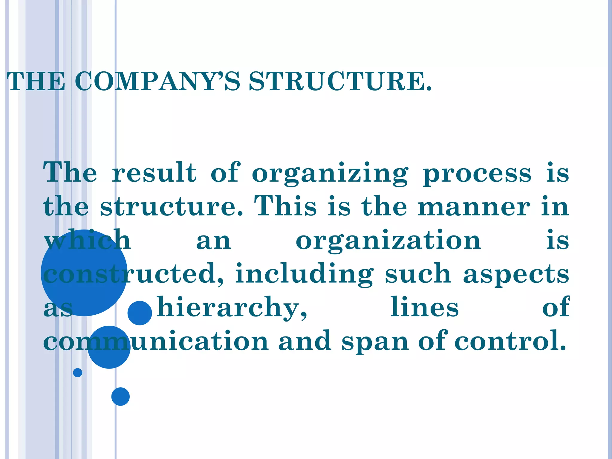 THE COMPANY’S STRUCTURE.


  The result of organizing process is
  the structure. This is the manner in
  which      an    organization     is
  constructed, including such aspects
  as      hierarchy,       lines    of
  communication and span of control.
   
 