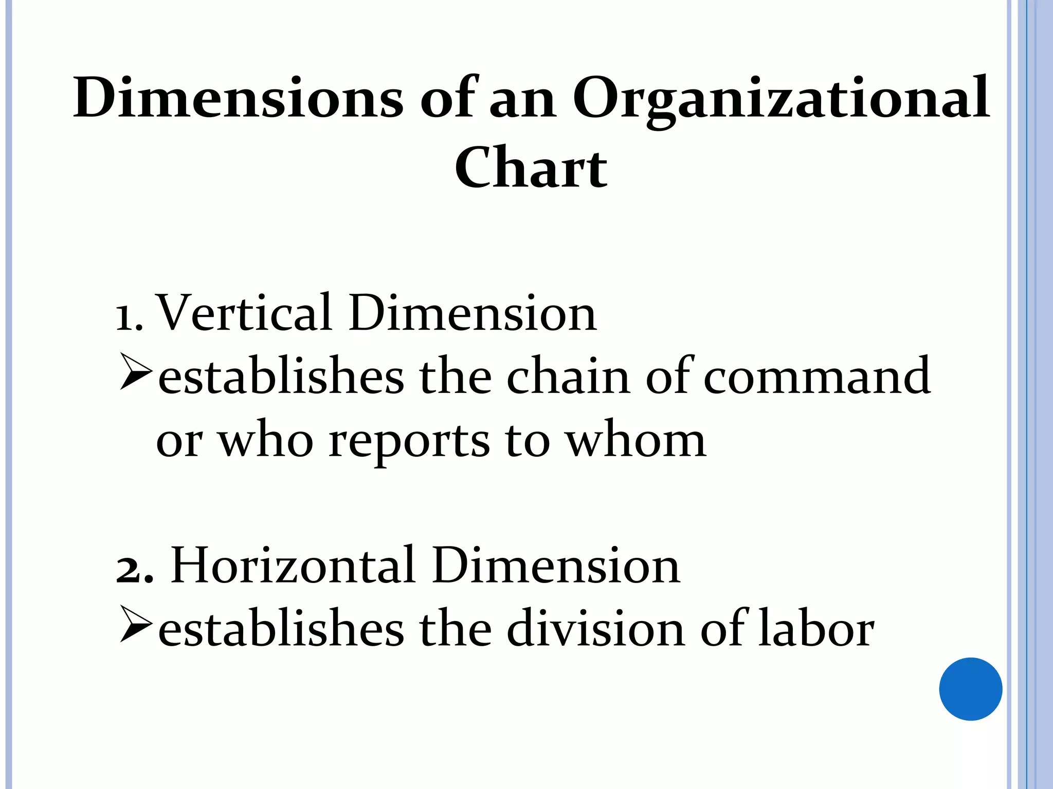 Dimensions of an Organizational
            Chart

 1. Vertical Dimension
 establishes the chain of command
    or who reports to whom

 2. Horizontal Dimension
 establishes the division of labor
 