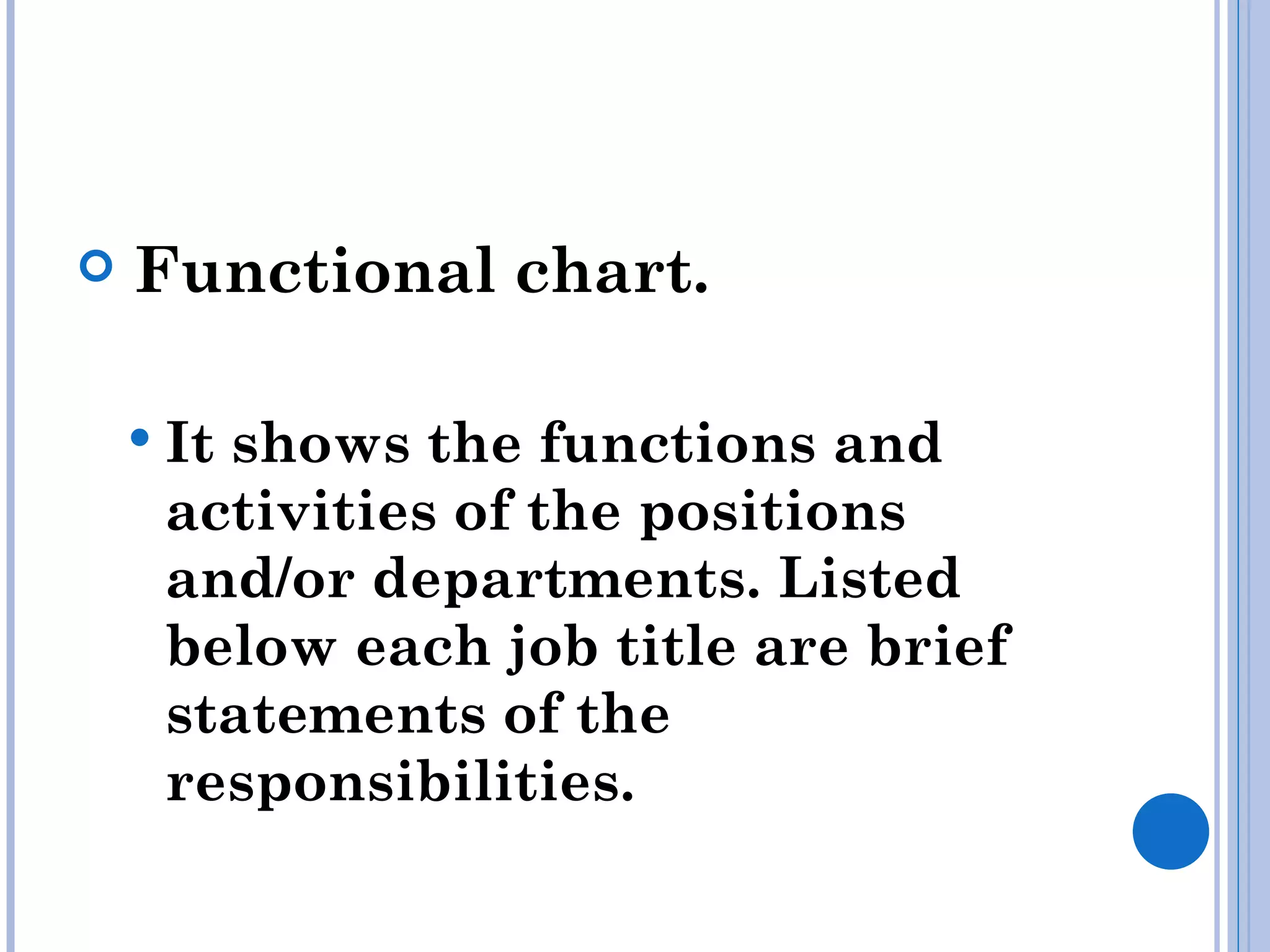    Functional chart.

     It
       shows the functions and
     activities of the positions
     and/or departments. Listed
     below each job title are brief
     statements of the
     responsibilities.
 