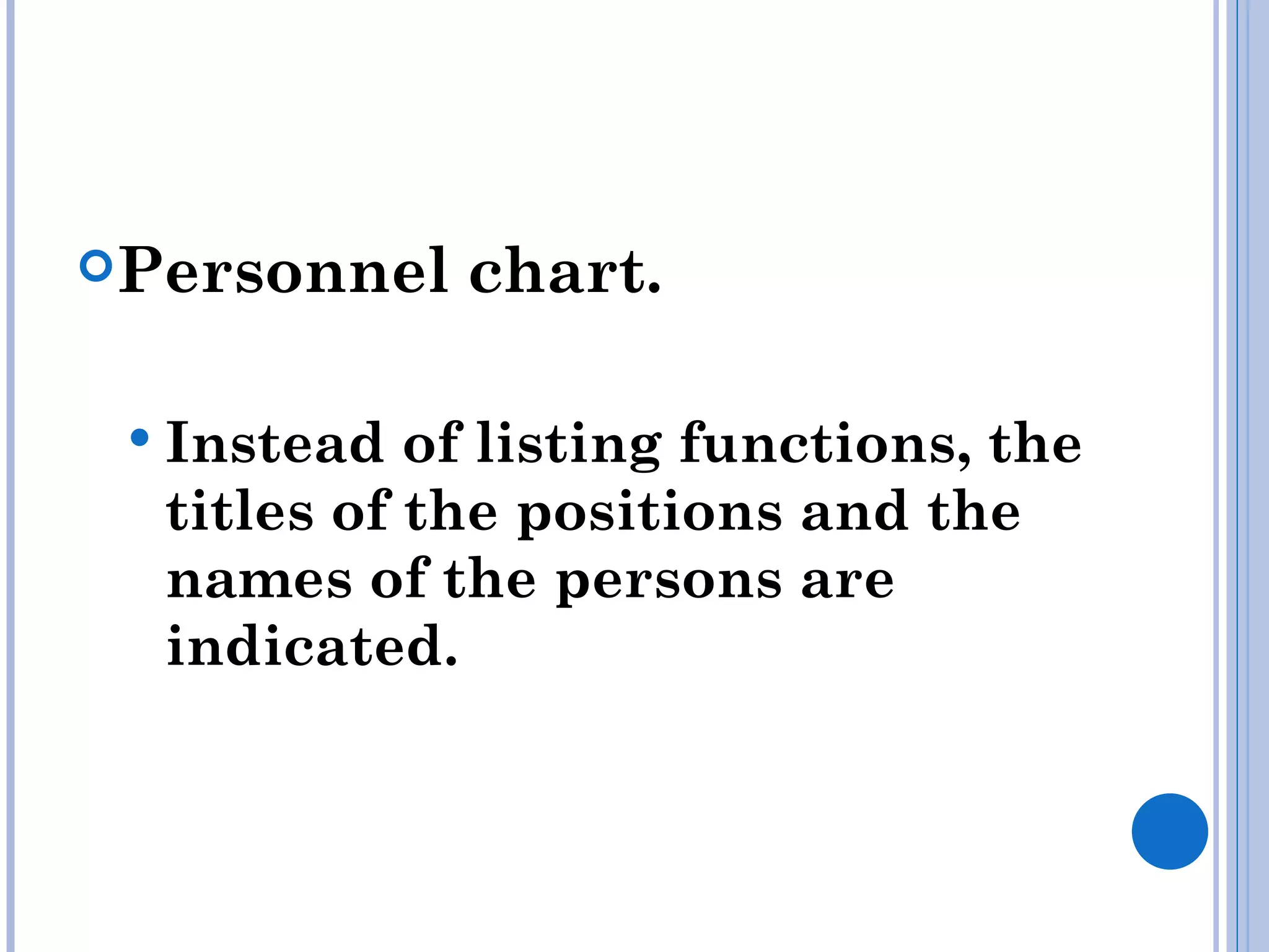 Personnel   chart.

  Instead  of listing functions, the
  titles of the positions and the
  names of the persons are
  indicated.
 