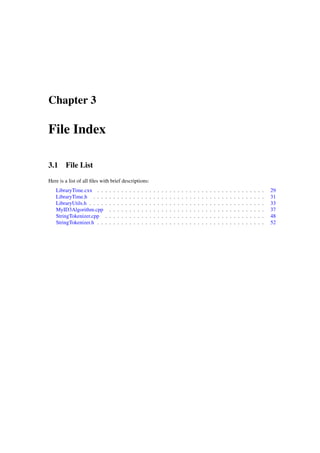 Chapter 3

File Index
3.1

File List

Here is a list of all ﬁles with brief descriptions:
LibraryTime.cxx . .
LibraryTime.h . . .
LibraryUtils.h . . . .
MyID3Algorithm.cpp
StringTokenizer.cpp
StringTokenizer.h . .

. . . .
. . . .
. . . .
. . .
. . . .
. . . .

.
.
.
.
.
.

.
.
.
.
.
.

.
.
.
.
.
.

.
.
.
.
.
.

.
.
.
.
.
.

.
.
.
.
.
.

.
.
.
.
.
.

.
.
.
.
.
.

.
.
.
.
.
.

.
.
.
.
.
.

.
.
.
.
.
.

.
.
.
.
.
.

.
.
.
.
.
.

.
.
.
.
.
.

.
.
.
.
.
.

.
.
.
.
.
.

.
.
.
.
.
.

.
.
.
.
.
.

.
.
.
.
.
.

.
.
.
.
.
.

.
.
.
.
.
.

.
.
.
.
.
.

.
.
.
.
.
.

.
.
.
.
.
.

.
.
.
.
.
.

.
.
.
.
.
.

.
.
.
.
.
.

.
.
.
.
.
.

.
.
.
.
.
.

.
.
.
.
.
.

.
.
.
.
.
.

.
.
.
.
.
.

.
.
.
.
.
.

.
.
.
.
.
.

.
.
.
.
.
.

.
.
.
.
.
.

29
31
33
37
48
52

 