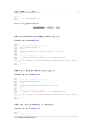 4.1 LibraryUtils Namespace Reference

9

00155 {
00156
return str.find(piece) == 0;
00157 }

Here is the caller graph for this function:
LibraryUtils::StrStartsWith

4.1.1.7

ID3::readData

main

long double LibraryUtils::StrToFloat (const std::string & str)

Deﬁnition at line 83 of ﬁle LibraryUtils.h.
00084 {
00085
//Declaração das variáveis de conversão
00086
std::istringstream iss(str);
00087
double d;
00088
00089
//Movendo o conteudo da string para a variavel do tipo double
00090
iss >> d;
00091
00092
//Fazendo verificações de conversão
00093
if ( !(iss && (iss >> std::ws).eof())) throw ConversionError();
00094
00095
//Caso haja falha na conversão uma exceção é lançada caso não o valor é retorna
do
00096
return d;
00097 }

4.1.1.8

long int LibraryUtils::StrToInt (const std::string & str)

Deﬁnition at line 110 of ﬁle LibraryUtils.h.
00111 {
00112
//Declaração das variaveis de conversão
00113
std::istringstream iss(str);
00114
int i;
00115
00116
//Movendo o conteudo do stringstream para a variavel
00117
iss >> i;
00118
00119
//Fazendo verificações de conversão
00120
if ( !(iss && (iss >> std::ws).eof())) throw ConversionError();
00121
00122
//Caso haja falha na conversão uma exceção é lançada caso não o valor é retorna
do
00123
return i;
00124 }

4.1.1.9

string LibraryUtils::TrimString (const std::string str)

Deﬁnition at line 128 of ﬁle LibraryUtils.h.
00129 {
00130
string result = str;
Generated on Fri Dec 16 16:50:04 2011 by Doxygen

 