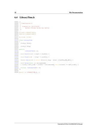 32

6.4
00001
00002
00003
00004
00005
00006
00007
00008
00009
00010
00011
00012
00019
00020
00024
00025
00029
00030
00031
00035
00036
00041
00042
00047
00048
00053
00054
00059
00060
00061
00066
00067
00068
00069

File Documentation

LibraryTime.h
/*
* TimeInterval.h
*
* Created on: 26/10/2009
Author: Michel Alves dos Santos
*
*/
#ifndef LIBRARYTIME_H_
#define LIBRARYTIME_H_
#include <ctime>
class LibraryTime
{
clock_t start;
clock_t stop;
public:
LibraryTime() {};
void Start(void) { start = clock(); }
void Stop(void)

{ stop

= clock(); }

double Get(void) { return (double( stop - start )/CLOCKS_PER_SEC); }
void Delay(const int miliseconds)
{ clock_t exit_time = clock() + miliseconds; while(clock() <= exit_time); }
virtual ~LibraryTime() {};
};
#endif /* LIBRARYTIME_H_ */

Generated on Fri Dec 16 16:50:04 2011 by Doxygen

 