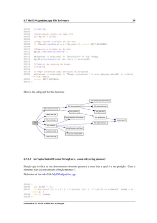 6.7 MyID3Algorithm.cpp File Reference
00502
00503
00504
00505
00506
00507
00508
00509
00510
00511
00512
00513
00514
00515
00516
00517
00518
00519
00520

39

t.Start();
//Declarando objeto do tipo ID3
ID3 myid3 = ID3();
//Verificando o status de leitura
if (!myid3.readData( str_file_path )) return EXIT_FAILURE;
//Executa a criação da árvore
myid3.createDecisionTree();
std::cerr << std::endl << "[Dataset]" << std::endl;
myid3.printDomains(); std::cerr << std::endl;
//Término da captura de tempo
t.Stop();

//Tempo consumido para execução do programa
std::cout << std::endl << "Tempo consumido: "<< std::setprecision(5) << t.Get()
<< std::endl;
00521
return EXIT_SUCCESS;
00522 }

Here is the call graph for this function:
ID3::alreadyUsedToDecompose

ID3::decomposeNode

ID3::calculateEntropy

ID3::printTree

ID3::getSubset

StringTokenizer::countTokens

ID3::getAllValues

ID3::createDecisionTree

LibraryTime::Get

ID3::printDomains

VectorIndexOf

main

ID3::getSymbolValue
ID3::readData
StringTokenizer::nextToken
LibraryTime::Start
LibraryUtils::StrStartsWith
LibraryTime::Stop

6.7.2.2

int VectorIndexOf (const StringList v, const std::string element)

Função que veriﬁca se um determinado elemento pertence a uma lista e qual é a sua posição. Caso o
elemento não seja encontrado a função retorna -1.
Deﬁnition at line 44 of ﬁle MyID3Algorithm.cpp.

00045 {
00046
int index = -1;
00047
for(unsigned int i = 0; i < v.size(); i++) { if(v.at(i) == element){ index = i;
break;} }
00048
return index;
00049 }
Generated on Fri Dec 16 16:50:04 2011 by Doxygen

 