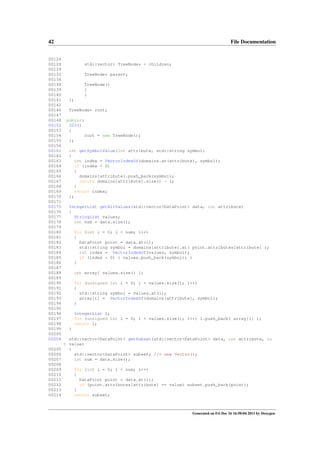42
00124
00128
00129
00133
00134
00138
00139
00140
00141
00142
00146
00147
00148
00152
00153
00154
00155
00156
00161
00162
00163
00164
00165
00166
00167
00168
00169
00170
00171
00175
00176
00177
00178
00179
00180
00181
00182
00183
00184
00185
00186
00187
00188
00189
00190
00191
00192
00193
00194
00195
00196
00197
00198
00199
00200
00204

File Documentation

std::vector< TreeNode* > children;
TreeNode* parent;
TreeNode()
{
}
};
TreeNode* root;
public:
ID3()
{
root = new TreeNode();
};
int getSymbolValue(int attribute, std::string symbol)
{
int index = VectorIndexOf(domains.at(attribute), symbol);
if (index < 0)
{
domains[attribute].push_back(symbol);
return domains[attribute].size() - 1;
}
return index;
};
IntegerList getAllValues(std::vector<DataPoint> data, int attribute)
{
StringList values;
int num = data.size();
for (int i = 0; i < num; i++)
{
DataPoint point = data.at(i);
std::string symbol = domains[attribute].at( point.attributes[attribute] );
int index = VectorIndexOf(values, symbol);
if (index < 0) { values.push_back(symbol); }
}
int array[ values.size() ];
for (unsigned int i = 0; i < values.size(); i++)
{
std::string symbol = values.at(i);
array[i] = VectorIndexOf(domains[attribute], symbol);
}
IntegerList l;
for (unsigned int i = 0; i < values.size(); i++) l.push_back( array[i] );
return l;
}

std::vector<DataPoint> getSubset(std::vector<DataPoint> data, int attribute, in
t value)
00205
{
00206
std::vector<DataPoint> subset; //= new Vector();
00207
int num = data.size();
00208
00209
for (int i = 0; i < num; i++)
00210
{
00211
DataPoint point = data.at(i);
00212
if (point.attributes[attribute] == value) subset.push_back(point);
00213
}
00214
return subset;

Generated on Fri Dec 16 16:50:04 2011 by Doxygen

 