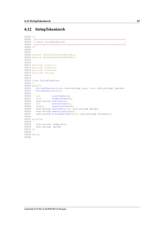 6.12 StringTokenizer.h

6.12
00001
00002
00003
00004
00005
00006
00007
00008
00009
00010
00011
00012
00013
00014
00015
00016
00017
00018
00019
00020
00021
00022
00023
00024
00025
00026
00027
00028
00029
00030
00031
00032
00033
00034
00035
00036
00037
00038
00039
00040

53

StringTokenizer.h
/*
***********************************************************************
* Class: StringTokenizer
*
***********************************************************************
*/

#ifndef INCLUDE_STRINGTOKENIZER_H
#define INCLUDE_STRINGTOKENIZER_H

#include
#include
#include
#include

<stdio.h>
<stdlib.h>
<iostream>
<string>

class StringTokenizer
{
public:
StringTokenizer(const std::string& _str, const std::string& _delim);
~StringTokenizer(){};
int
bool
std::string
int
double
std::string
std::string
std::string

countTokens();
hasMoreTokens();
nextToken();
nextIntToken();
nextFloatToken();
nextToken(const std::string& delim);
remainingString();
filterNextToken(const std::string& filterStr);

private:
std::string
std::string

token_str;
delim;

};
#endif

Generated on Fri Dec 16 16:50:04 2011 by Doxygen

 