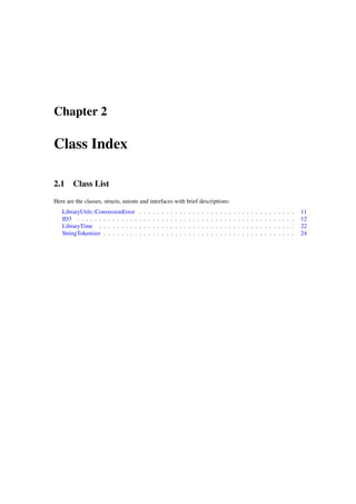 Chapter 2

Class Index
2.1

Class List

Here are the classes, structs, unions and interfaces with brief descriptions:
LibraryUtils::ConversionError
ID3 . . . . . . . . . . . . . .
LibraryTime . . . . . . . . .
StringTokenizer . . . . . . . .

.
.
.
.

.
.
.
.

.
.
.
.

.
.
.
.

.
.
.
.

.
.
.
.

.
.
.
.

.
.
.
.

.
.
.
.

.
.
.
.

.
.
.
.

.
.
.
.

.
.
.
.

.
.
.
.

.
.
.
.

.
.
.
.

.
.
.
.

.
.
.
.

.
.
.
.

.
.
.
.

.
.
.
.

.
.
.
.

.
.
.
.

.
.
.
.

.
.
.
.

.
.
.
.

.
.
.
.

.
.
.
.

.
.
.
.

.
.
.
.

.
.
.
.

.
.
.
.

.
.
.
.

.
.
.
.

.
.
.
.

11
12
22
24

 