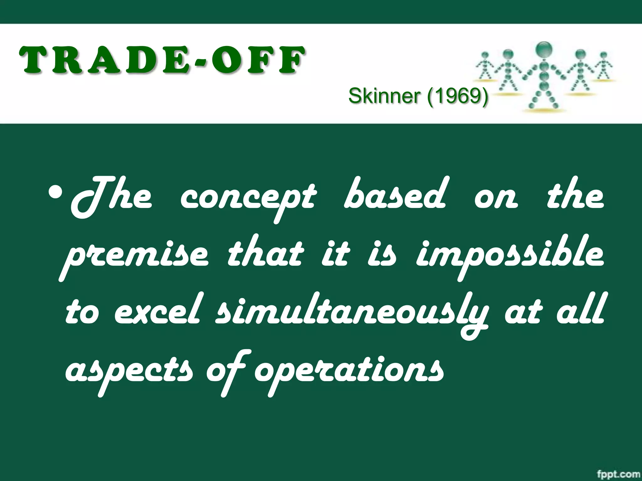 TRADE-OFF
                Skinner (1969)



•The concept based on the
 premise that it is impossible
 to excel simultaneously at all
 aspects of operations
 