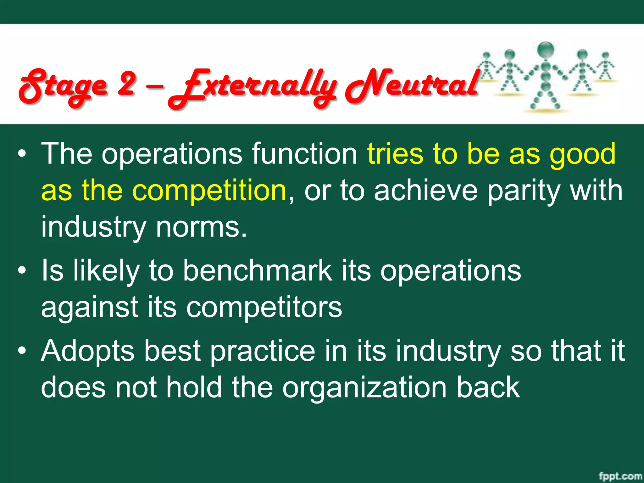Stage 2 – Externally Neutral
• The operations function tries to be as good
  as the competition, or to achieve parity with
  industry norms.
• Is likely to benchmark its operations
  against its competitors
• Adopts best practice in its industry so that it
  does not hold the organization back
 