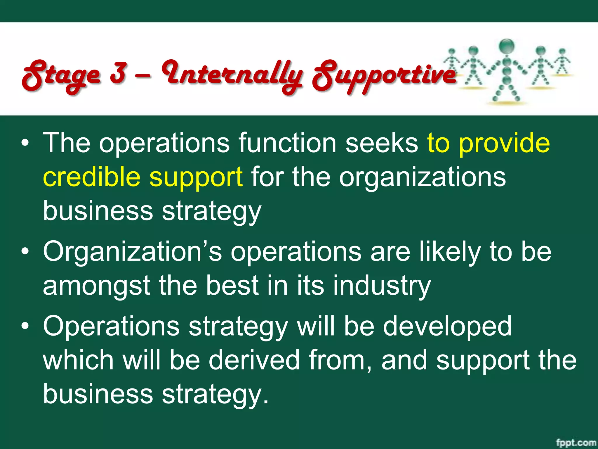 Stage 3 – Internally Supportive
• The operations function seeks to provide
  credible support for the organizations
  business strategy
• Organization’s operations are likely to be
  amongst the best in its industry
• Operations strategy will be developed
  which will be derived from, and support the
  business strategy.
 