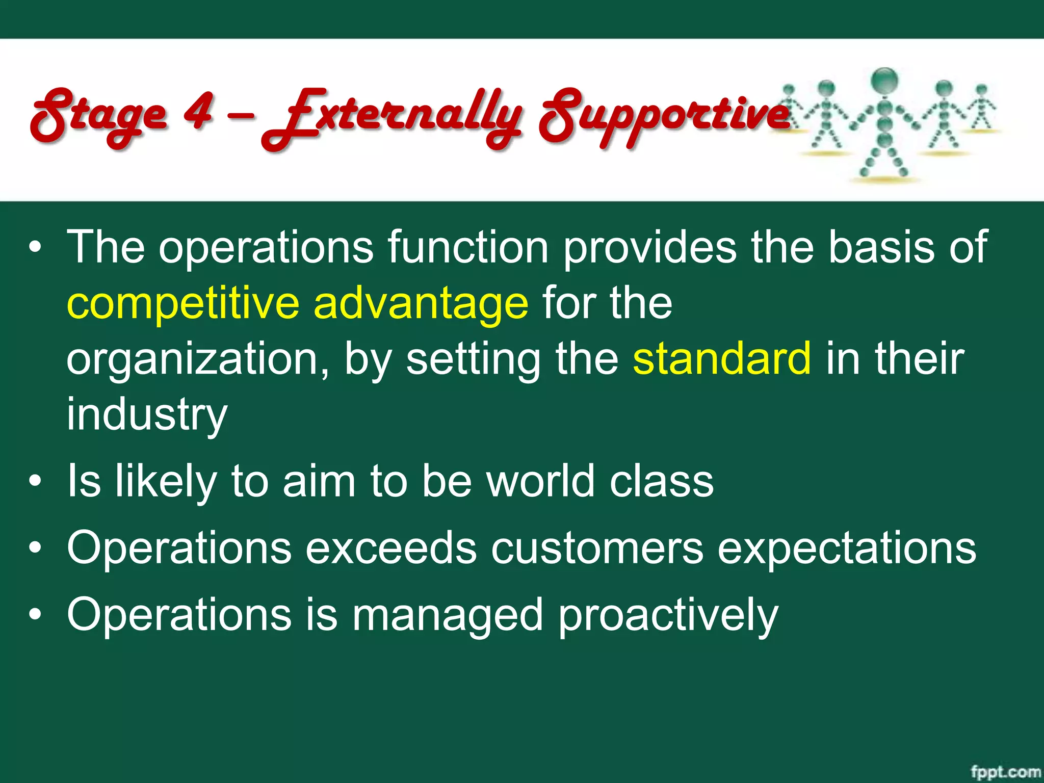 Stage 4 – Externally Supportive

• The operations function provides the basis of
  competitive advantage for the
  organization, by setting the standard in their
  industry
• Is likely to aim to be world class
• Operations exceeds customers expectations
• Operations is managed proactively
 