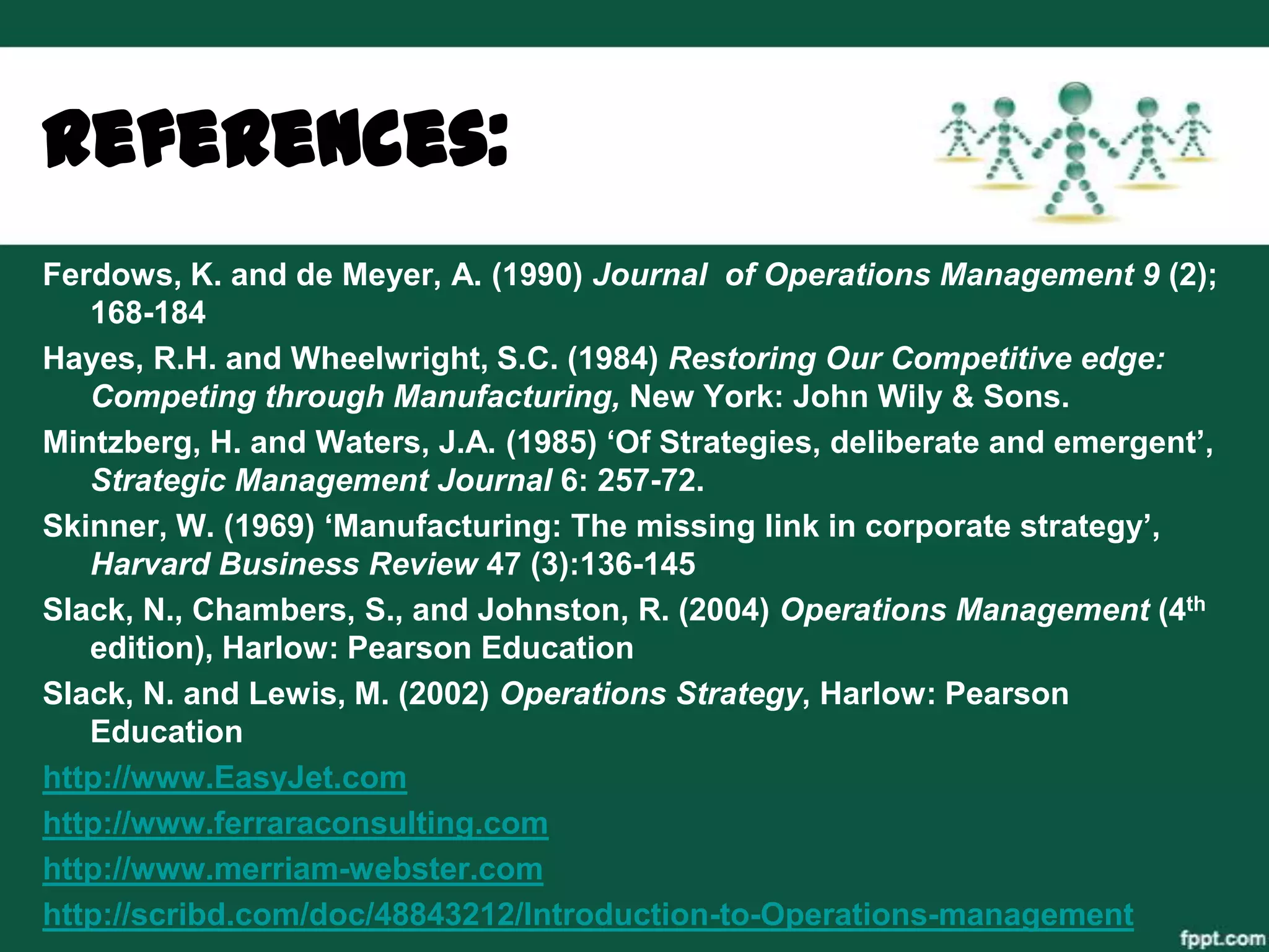 References:
Ferdows, K. and de Meyer, A. (1990) Journal of Operations Management 9 (2);
   168-184
Hayes, R.H. and Wheelwright, S.C. (1984) Restoring Our Competitive edge:
   Competing through Manufacturing, New York: John Wily & Sons.
Mintzberg, H. and Waters, J.A. (1985) „Of Strategies, deliberate and emergent‟,
   Strategic Management Journal 6: 257-72.
Skinner, W. (1969) „Manufacturing: The missing link in corporate strategy‟,
   Harvard Business Review 47 (3):136-145
Slack, N., Chambers, S., and Johnston, R. (2004) Operations Management (4th
   edition), Harlow: Pearson Education
Slack, N. and Lewis, M. (2002) Operations Strategy, Harlow: Pearson
   Education
http://www.EasyJet.com
http://www.ferraraconsulting.com
http://www.merriam-webster.com
http://scribd.com/doc/48843212/Introduction-to-Operations-management
 