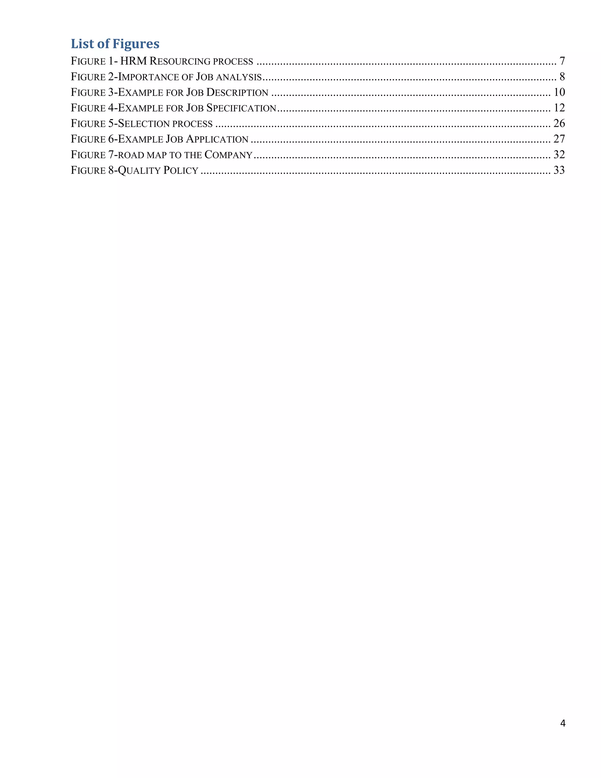 List of Figures
FIGURE 1- HRM RESOURCING PROCESS ...................................................................................................... 7
FIGURE 2-IMPORTANCE OF JOB ANALYSIS .................................................................................................... 8
FIGURE 3-EXAMPLE FOR JOB DESCRIPTION ............................................................................................... 10
FIGURE 4-EXAMPLE FOR JOB SPECIFICATION ............................................................................................. 12
FIGURE 5-SELECTION PROCESS .................................................................................................................. 26
FIGURE 6-EXAMPLE JOB APPLICATION ...................................................................................................... 27
FIGURE 7-ROAD MAP TO THE COMPANY ..................................................................................................... 32
FIGURE 8-QUALITY POLICY ....................................................................................................................... 33




                                                                                                                                                4
 