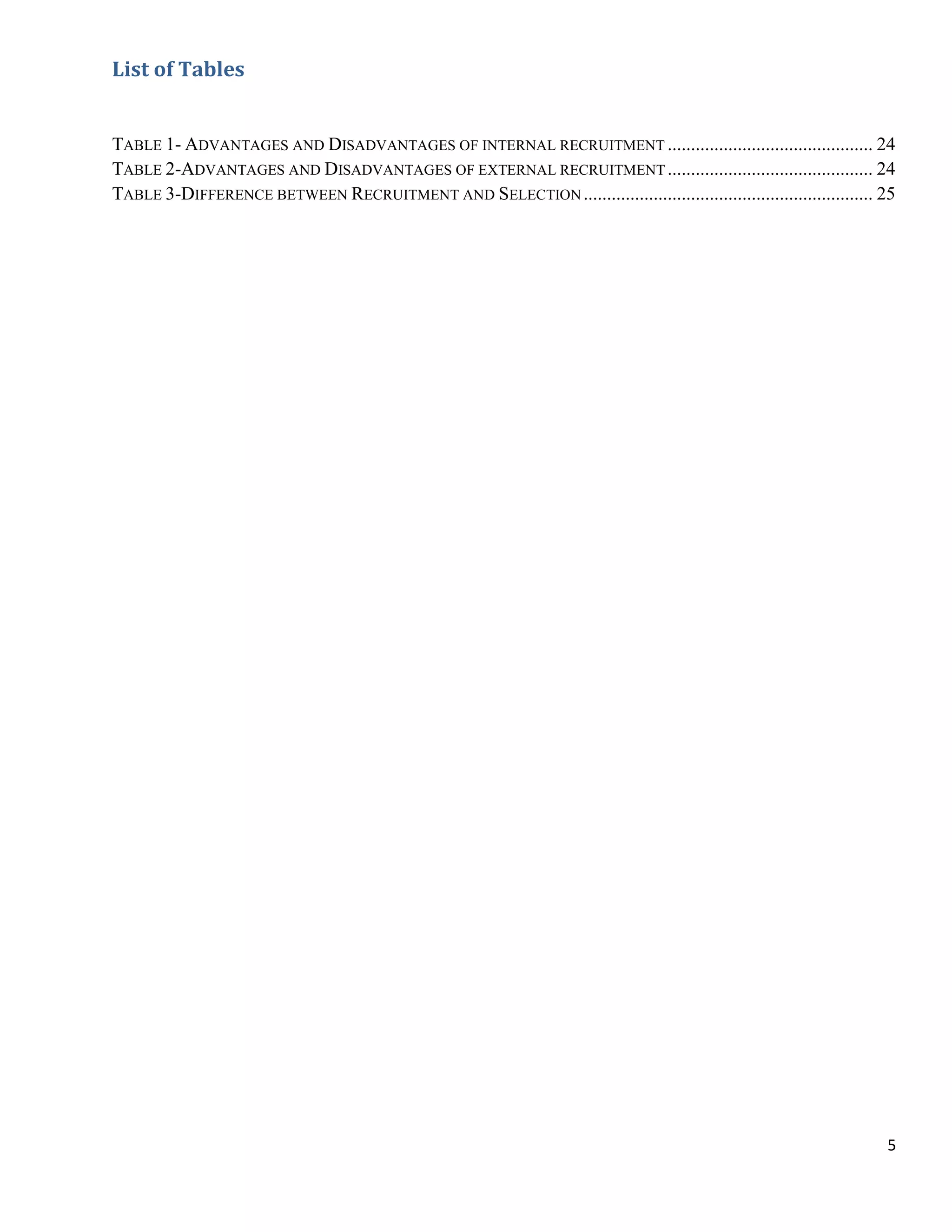 List of Tables


TABLE 1- ADVANTAGES AND DISADVANTAGES OF INTERNAL RECRUITMENT ............................................ 24
TABLE 2-ADVANTAGES AND DISADVANTAGES OF EXTERNAL RECRUITMENT ............................................ 24
TABLE 3-DIFFERENCE BETWEEN RECRUITMENT AND SELECTION .............................................................. 25




                                                                                                                    5
 