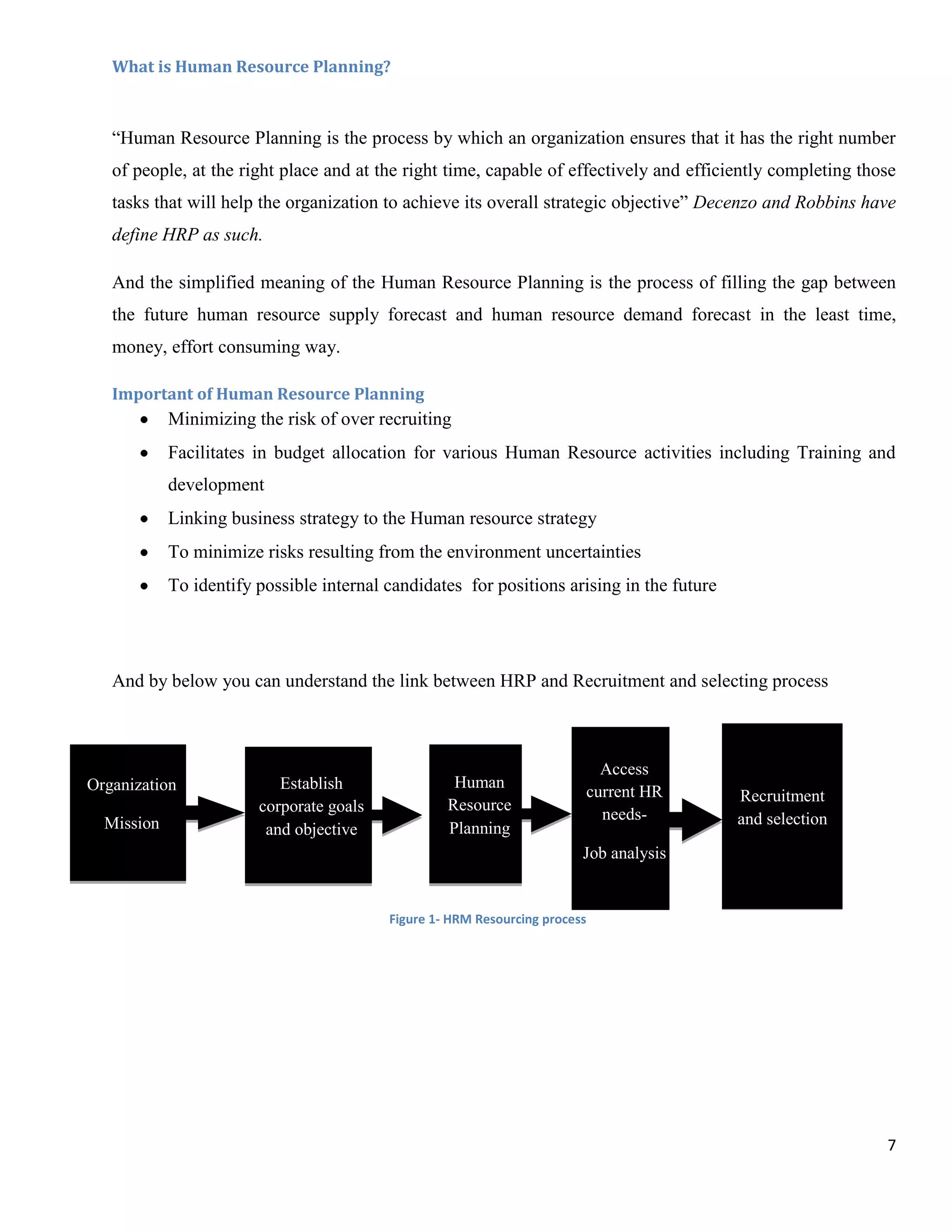 What is Human Resource Planning?



   “Human Resource Planning is the process by which an organization ensures that it has the right number
   of people, at the right place and at the right time, capable of effectively and efficiently completing those
   tasks that will help the organization to achieve its overall strategic objective” Decenzo and Robbins have
   define HRP as such.

   And the simplified meaning of the Human Resource Planning is the process of filling the gap between
   the future human resource supply forecast and human resource demand forecast in the least time,
   money, effort consuming way.

   Important of Human Resource Planning
            Minimizing the risk of over recruiting
            Facilitates in budget allocation for various Human Resource activities including Training and
            development
            Linking business strategy to the Human resource strategy
            To minimize risks resulting from the environment uncertainties
            To identify possible internal candidates for positions arising in the future




   And by below you can understand the link between HRP and Recruitment and selecting process



                                                                           Access
Organization               Establish                Human
                                                                         current HR        Recruitment
                        corporate goals            Resource
                                                                           needs-          and selection
  Mission                and objective             Planning
                                                                         Job analysis


                                          Figure 1- HRM Resourcing process




                                                                                                             7
 