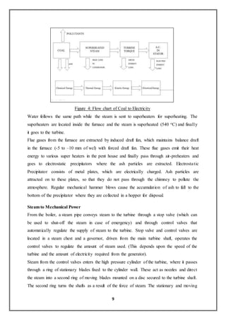 9
Figure 4: Flow chart of Coal to Electricity
Water follows the same path while the steam is sent to superheaters for superheating. The
superheaters are located inside the furnace and the steam is superheated (540 oC) and finally
it goes to the turbine.
Flue gases from the furnace are extracted by induced draft fan, which maintains balance draft
in the furnace (-5 to –10 mm of wcl) with forced draft fan. These flue gases emit their heat
energy to various super heaters in the pent house and finally pass through air-preheaters and
goes to electrostatic precipitators where the ash particles are extracted. Electrostatic
Precipitator consists of metal plates, which are electrically charged. Ash particles are
attracted on to these plates, so that they do not pass through the chimney to pollute the
atmosphere. Regular mechanical hammer blows cause the accumulation of ash to fall to the
bottom of the precipitator where they are collected in a hopper for disposal.
Steam to Mechanical Power
From the boiler, a steam pipe conveys steam to the turbine through a stop valve (which can
be used to shut-off the steam in case of emergency) and through control valves that
automatically regulate the supply of steam to the turbine. Stop valve and control valves are
located in a steam chest and a governor, driven from the main turbine shaft, operates the
control valves to regulate the amount of steam used. (This depends upon the speed of the
turbine and the amount of electricity required from the generator).
Steam from the control valves enters the high pressure cylinder of the turbine, where it passes
through a ring of stationary blades fixed to the cylinder wall. These act as nozzles and direct
the steam into a second ring of moving blades mounted on a disc secured to the turbine shaft.
The second ring turns the shafts as a result of the force of steam. The stationary and moving
 