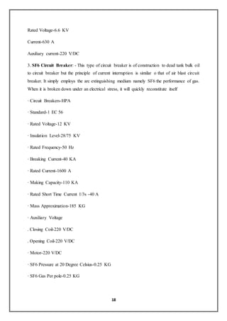18
Rated Voltage-6.6 KV
Current-630 A
Auxiliary current-220 V/DC
3. SF6 Circuit Breaker: - This type of circuit breaker is of construction to dead tank bulk oil
to circuit breaker but the principle of current interruption is similar o that of air blast circuit
breaker. It simply employs the arc extinguishing medium namely SF6 the performance of gas.
When it is broken down under an electrical stress, it will quickly reconstitute itself
· Circuit Breakers-HPA
· Standard-1 EC 56
· Rated Voltage-12 KV
· Insulation Level-28/75 KV
· Rated Frequency-50 Hz
· Breaking Current-40 KA
· Rated Current-1600 A
· Making Capacity-110 KA
· Rated Short Time Current 1/3s -40 A
· Mass Approximation-185 KG
· Auxiliary Voltage
. Closing Coil-220 V/DC
. Opening Coil-220 V/DC
· Motor-220 V/DC
· SF6 Pressure at 20 Degree Celsius-0.25 KG
· SF6 Gas Per pole-0.25 KG
 