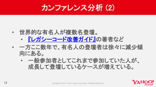 カンファレンス分析 (2)
13
• 世界的な有名人が複数名登壇。
• 『レガシーコード改善ガイド』の著者など
• 一方ここ数年で、有名人の登壇者は徐々に減少傾
向にある。
• 一般参加者としてこれまで参加していた人が、
成長して登壇しているケースが増えている。
 