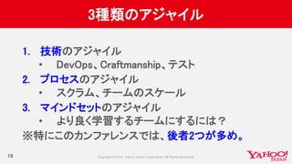 3種類のアジャイル
16
1. 技術のアジャイル
• DevOps、Craftmanship、テスト
2. プロセスのアジャイル
• スクラム、チームのスケール
3. マインドセットのアジャイル
• より良く学習するチームにするには？
※特にこのカンファレンスでは、後者2つが多め。
 
