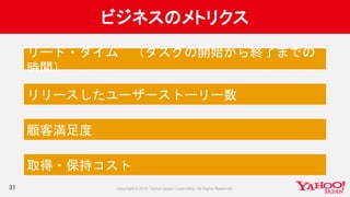 ビジネスのメトリクス
31
リード・タイム （タスクの開始から終了までの
時間）
リリースしたユーザーストーリー数
顧客満足度
取得・保持コスト
 