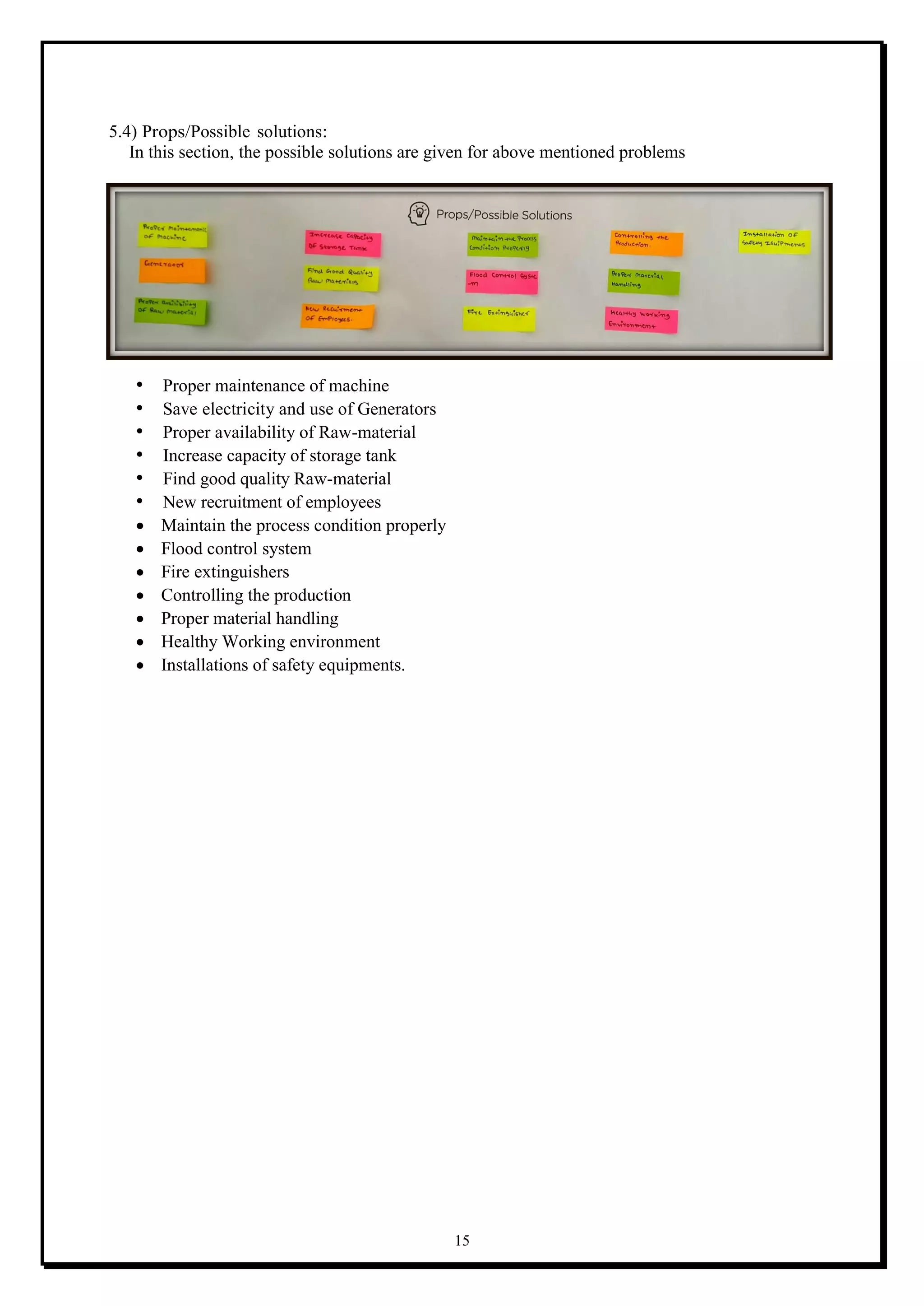 15
5.4) Props/Possible solutions:
In this section, the possible solutions are given for above mentioned problems
• Proper maintenance of machine
• Save electricity and use of Generators
• Proper availability of Raw-material
• Increase capacity of storage tank
• Find good quality Raw-material
• New recruitment of employees
 Maintain the process condition properly
 Flood control system
 Fire extinguishers
 Controlling the production
 Proper material handling
 Healthy Working environment
 Installations of safety equipments.
 