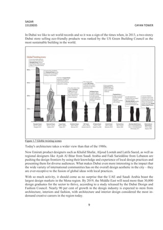 SAGAR
15120035 CAYAN TOWER
9
In Dubai we like to set world records and so it was a sign of the times when, in 2013, a two-storey
Dubai store selling eco-friendly products was ranked by the US Green Building Council as the
most sustainable building in the world.
Figure 1.7 Globle twisting icones
Today's architecture takes a wider view than that of the 1980s.
Now Emirati product designers such as Khalid Shafar, Aljoud Lootah and Latifa Saeed, as well as
regional designers like Ayah Al Bitar from Saudi Arabia and Fadi Sarieddine from Lebanon are
pushing the design frontiers by using their knowledge and experience of local design practices and
presenting them for diverse audiences. What makes Dubai even more interesting is the impact that
the wide variety of international communities has on the overall design aesthetic in the city – they
are ever-receptive to the fusion of global ideas with local practices.
With so much activity, it should come as no surprise that the UAE and Saudi Arabia boast the
largest design markets in the Mena region. By 2019, the Middle East will need more than 30,000
design graduates for the sector to thrive, according to a study released by the Dubai Design and
Fashion Council. Nearly 90 per cent of growth in the design industry is expected to stem from
architecture, interiors and fashion, with architecture and interior design considered the most in-
demand creative careers in the region today.
 