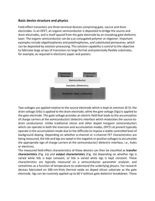 Basic device structure and physics
Field-effect transistors are three-terminal devices comprising gate, source and drain
electrodes. In an OFET, an organic semiconductor is deposited to bridge the source and
drain electrodes, and is itself spaced from the gate electrode by an insulating gate dielectric
layer. The organic semiconductor can be a pi-conjugated polymer or oligomer. Important
examples include oligothiophenes and polythiophenes, and substituted pentacenes, which
can be deposited by solution-processing. This solution capability is central to the objective
to fabricate large arrays of transistors on large format and potentially flexible substrates,
for example, as required in electronic paper and posters.

Two voltages are applied relative to the source electrode which is kept at common (0 V): the
drain voltage (Vds) is applied to the drain electrode, while the gate voltage (Vgs) is applied to
the gate electrode. This gate voltage provides an electric field that leads to the accumulation
of charge carriers at the semiconductor/ dielectric interface which modulates the source-todrain conductance. Unlike traditional silicon and other doped inorganic semiconductors
which can operate in both the inversion and accumulation modes, OFETs at present typically
operate in the accumulation mode due to the difficulty to impose a stable controlled level of
background doping. Depending on whether p-channel or n-channel FET characteristics are
being measured, the Vds and Vgs are swept in the negative or positive voltages to accumulate
the appropriate sign of charge carriers at the semiconductor/ dielectric interface, i.e., holes
or electrons.
The measured field-effect characteristics of these devices can then be classified as transfer
characteristics (Fig. 1a) and output characteristics (Fig. 1b) depending on whether Vgs is
varied while Vds is kept constant, or Vds is varied while Vgs is kept constant. These
characteristics are typically measured on a semiconductor parameter analyser, and
sometimes as a function of temperature to understand the underlying physics. For research
devices fabricated on 200-nm-thick thermal oxide on doped silicon substrate as the gate
electrode, Vgs can be routinely applied up to 60 V without gate dielectric breakdown. These

 