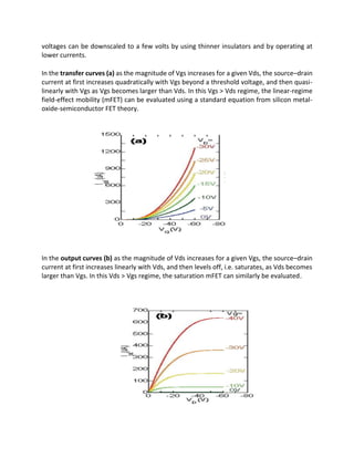 voltages can be downscaled to a few volts by using thinner insulators and by operating at
lower currents.
In the transfer curves (a) as the magnitude of Vgs increases for a given Vds, the source–drain
current at first increases quadratically with Vgs beyond a threshold voltage, and then quasilinearly with Vgs as Vgs becomes larger than Vds. In this Vgs > Vds regime, the linear-regime
field-effect mobility (mFET) can be evaluated using a standard equation from silicon metaloxide-semiconductor FET theory.

In the output curves (b) as the magnitude of Vds increases for a given Vgs, the source–drain
current at first increases linearly with Vds, and then levels off, i.e. saturates, as Vds becomes
larger than Vgs. In this Vds > Vgs regime, the saturation mFET can similarly be evaluated.

 