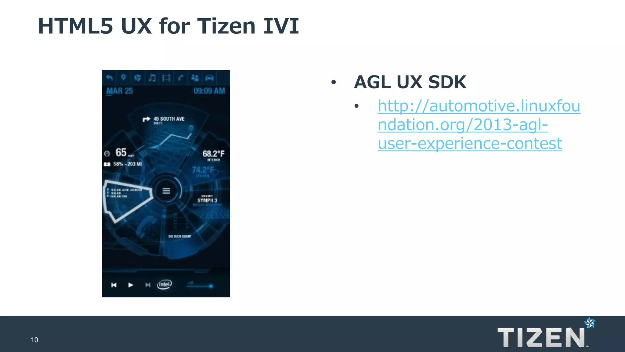 10
HTML5 UX for Tizen IVI
• AGL UX SDK
• http://automotive.linuxfou
ndation.org/2013-agl-
user-experience-contest
 