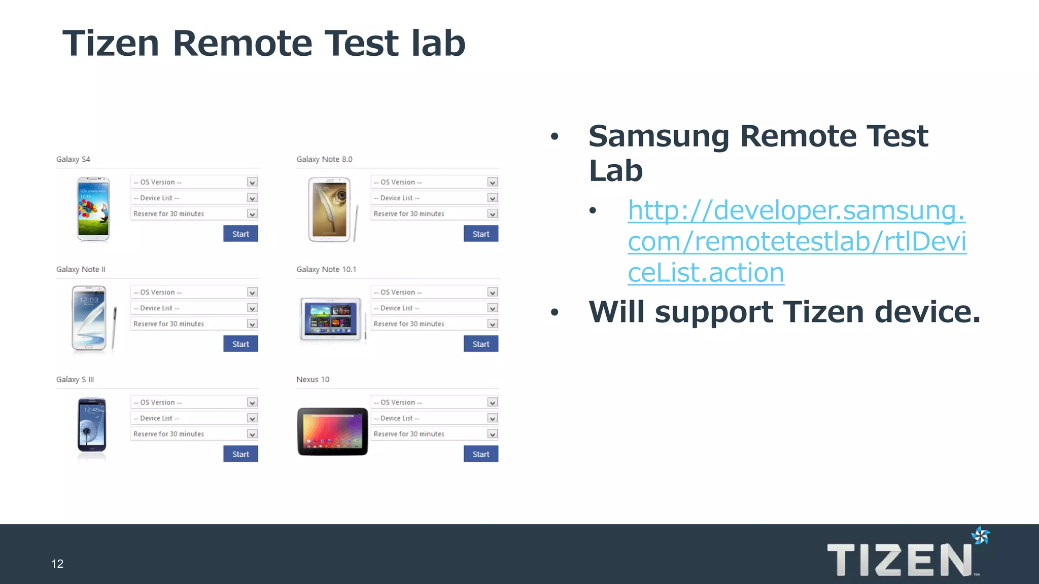 12
Tizen Remote Test lab
• Samsung Remote Test
Lab
• http://developer.samsung.
com/remotetestlab/rtlDevi
ceList.action
• Will support Tizen device.
 