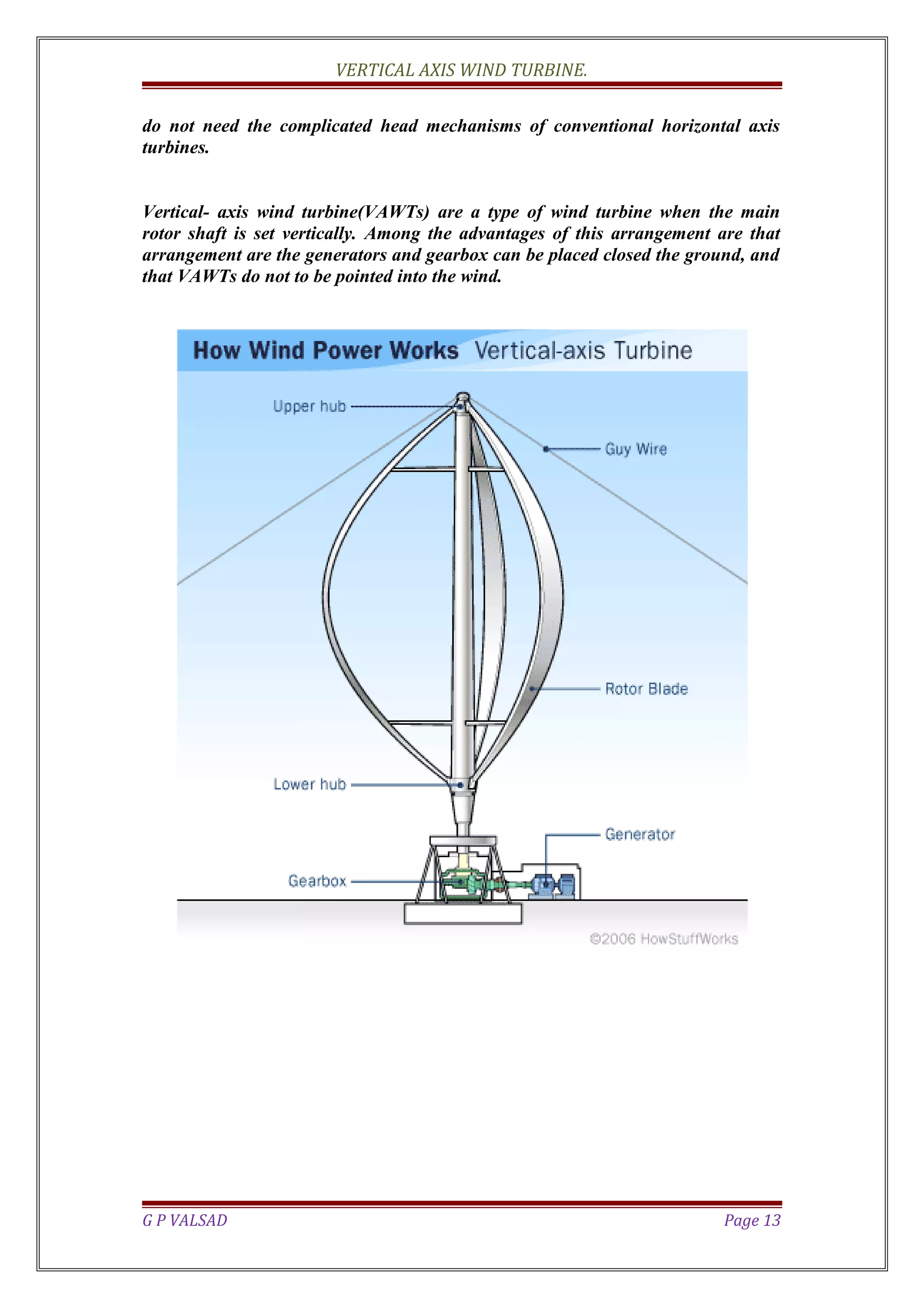 VERTICAL AXIS WIND TURBINE.
do not need the complicated head mechanisms of conventional horizontal axis
turbines.
Vertical- axis wind turbine(VAWTs) are a type of wind turbine when the main
rotor shaft is set vertically. Among the advantages of this arrangement are that
arrangement are the generators and gearbox can be placed closed the ground, and
that VAWTs do not to be pointed into the wind.
G P VALSAD Page 13
 
