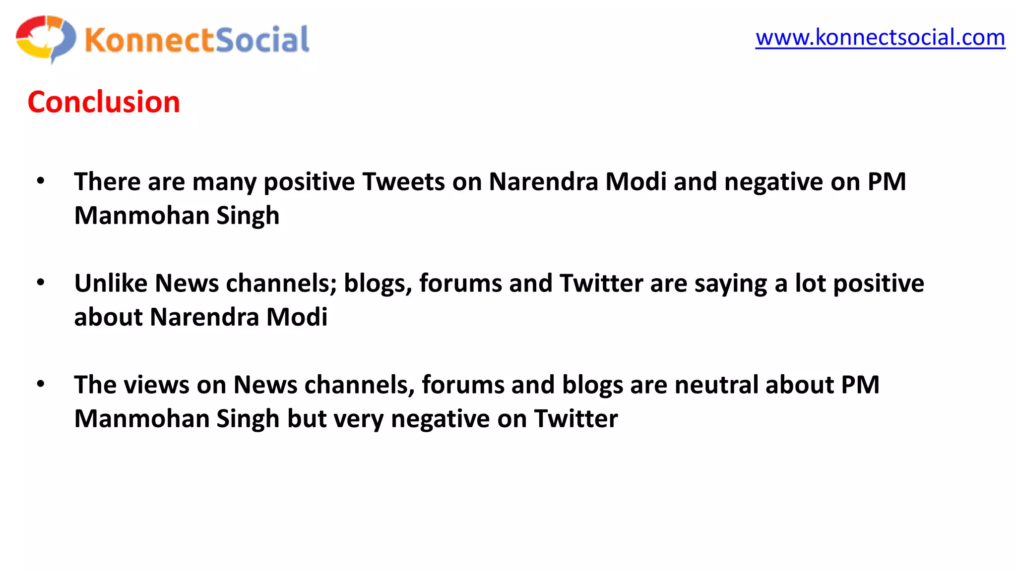 www.konnectsocial.com
Conclusion
• There are many positive Tweets on Narendra Modi and negative on PM
Manmohan Singh
• Unlike News channels; blogs, forums and Twitter are saying a lot positive
about Narendra Modi
• The views on News channels, forums and blogs are neutral about PM
Manmohan Singh but very negative on Twitter
 