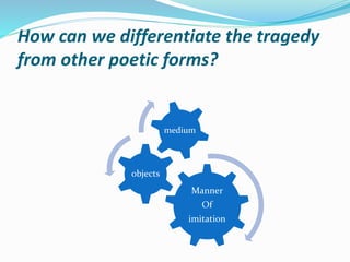 How can we differentiate the tragedy
from other poetic forms?
Manner
Of
imitation
objects
medium
 