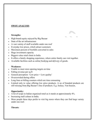 SWOT ANALYSIS
Strengths:
High brand equity enjoyed by Big Bazaar
State of the art infrastructure
A vast variety of stuff available under one roof
Everyday low prices, which attract customers
Maximum percent of footfalls converted in sales
Huge investment capacity
Biggest value retail chain in India
It offers a family shopping experience, where entire family can visit together.
Available facilities such as online booking and delivery of goods.
Weakness:
Unable to meet store opening targets on time
Falling revenue per sq ft
General perception: ‘Low price = Low quality’
Overcrowded during offers
Long lines at billing counters which are time consuming
Limited only to value offering low price products. A no of branded products are
still missing from Big Bazaar’s line of products. E.g. Jockey, Van heusen,
Opportunity:
A lot of scope in Indian organized retail as it stands at approximately 4%.
Increasing mall culture in India.
More people these days prefer to visit big stores where they can find large variety
under one roof.
Threats:
 