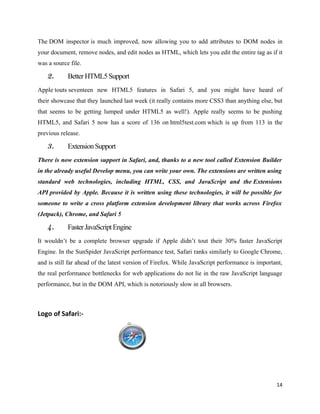 The DOM inspector is much improved, now allowing you to add attributes to DOM nodes in
your document, remove nodes, and edit nodes as HTML, which lets you edit the entire tag as if it
was a source file.

   2.       Better HTML5 Support
Apple touts seventeen new HTML5 features in Safari 5, and you might have heard of
their showcase that they launched last week (it really contains more CSS3 than anything else, but
that seems to be getting lumped under HTML5 as well!). Apple really seems to be pushing
HTML5, and Safari 5 now has a score of 136 on html5test.com which is up from 113 in the
previous release.

   3.       Extension Support
There is now extension support in Safari, and, thanks to a new tool called Extension Builder
in the already useful Develop menu, you can write your own. The extensions are written using
standard web technologies, including HTML, CSS, and JavaScript and the Extensions
API provided by Apple. Because it is written using these technologies, it will be possible for
someone to write a cross platform extension development library that works across Firefox
(Jetpack), Chrome, and Safari 5

   4.       Faster JavaScript Engine
It wouldn’t be a complete browser upgrade if Apple didn’t tout their 30% faster JavaScript
Engine. In the SunSpider JavaScript performance test, Safari ranks similarly to Google Chrome,
and is still far ahead of the latest version of Firefox. While JavaScript performance is important,
the real performance bottlenecks for web applications do not lie in the raw JavaScript language
performance, but in the DOM API, which is notoriously slow in all browsers.



Logo of Safari:-




                                                                                                14
 