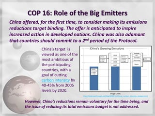COP 16: Role of the Big Emitters
China offered, for the first time, to consider making its emissions
reductions target binding. The offer is anticipated to inspire
increased action in developed nations. China was also adamant
that countries should commit to a 2nd period of the Protocol.
                China’s target is
                viewed as one of the
                most ambitious of
                the participating
                countries, with a
                goal of cutting
                carbon intensity by
                40-45% from 2005
                levels by 2020.
                                                                       Image Credit:
                                       http://thebreakthrough.org/blog/2009/12/chinas_carbon_intensity_pledge.shtml


       However, China’s reductions remain voluntary for the time being, and
       the issue of reducing its total emissions budget is not addressed.
 
