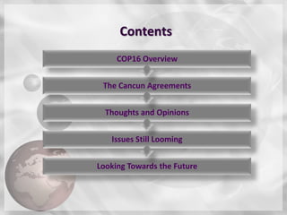 Contents
     COP16 Overview


 The Cancun Agreements


  Thoughts and Opinions


   Issues Still Looming


Looking Towards the Future
 