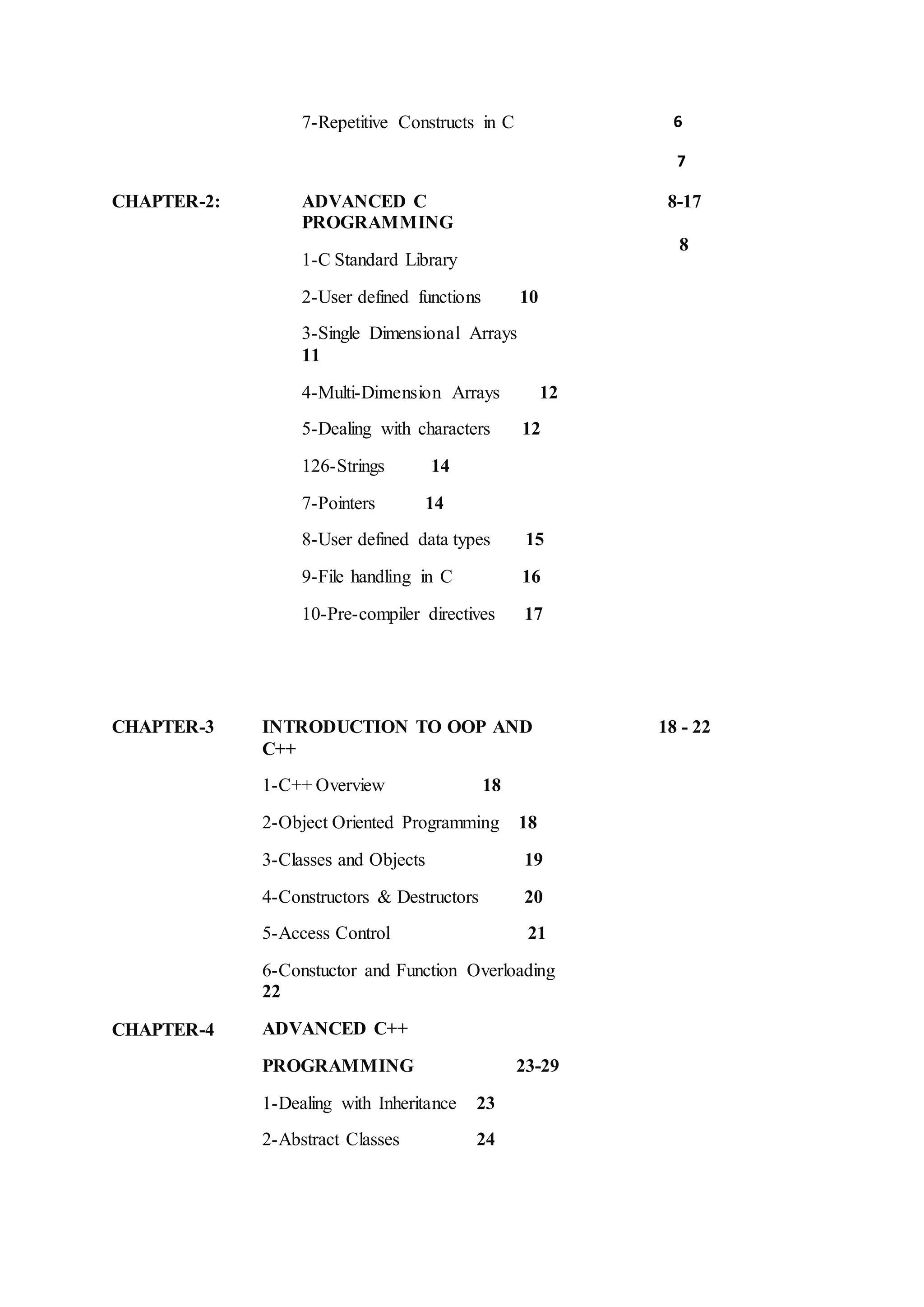 7-Repetitive Constructs in C 6
7
CHAPTER-2: ADVANCED C
PROGRAMMING
1-C Standard Library
2-User defined functions 10
3-Single Dimensional Arrays
11
4-Multi-Dimension Arrays 12
5-Dealing with characters 12
126-Strings 14
7-Pointers 14
8-User defined data types 15
9-File handling in C 16
10-Pre-compiler directives 17
8-17
8
CHAPTER-3
CHAPTER-4
INTRODUCTION TO OOP AND
C++
1-C++ Overview 18
2-Object Oriented Programming 18
3-Classes and Objects 19
4-Constructors & Destructors 20
5-Access Control 21
6-Constuctor and Function Overloading
22
ADVANCED C++
PROGRAMMING 23-29
1-Dealing with Inheritance 23
2-Abstract Classes 24
18 - 22
 