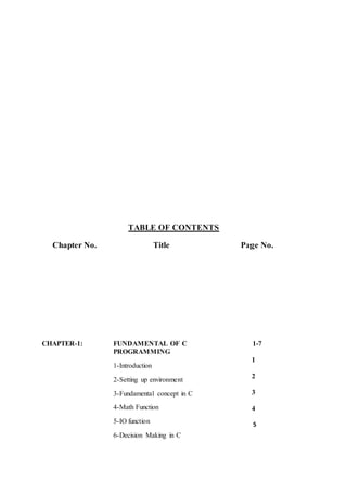 TABLE OF CONTENTS
Chapter No. Title Page No.
CHAPTER-1: FUNDAMENTAL OF C
PROGRAMMING
1-Introduction
2-Setting up environment
3-Fundamental concept in C
4-Math Function
5-IO function
6-Decision Making in C
1-7
1
2
3
4
5
 