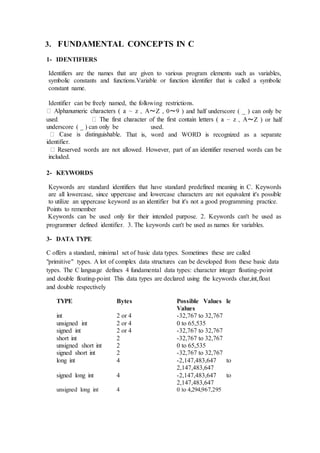 3. FUNDAMENTAL CONCEPTS IN C
1- IDENTIFIERS
Identifiers are the names that are given to various program elements such as variables,
symbolic constants and functions.Variable or function identifier that is called a symbolic
constant name.
Identifier can be freely named, the following restrictions.
～Z , 0～9 ) and half underscore ( _ ) can only be
～Z ) or half
underscore ( _ ) can only be used.
e. That is, word and WORD is recognized as a separate
identifier.
included.
2- KEYWORDS
Keywords are standard identifiers that have standard predefined meaning in C. Keywords
are all lowercase, since uppercase and lowercase characters are not equivalent it's possible
to utilize an uppercase keyword as an identifier but it's not a good programming practice.
Points to remember
Keywords can be used only for their intended purpose. 2. Keywords can't be used as
programmer defined identifier. 3. The keywords can't be used as names for variables.
3- DATA TYPE
C offers a standard, minimal set of basic data types. Sometimes these are called
"primitive" types. A lot of complex data structures can be developed from these basic data
types. The C language defines 4 fundamental data types: character integer floating-point
and double floating-point This data types are declared using the keywords char,int,float
and double respectively
TYPE Bytes Possible Values le
Values
int 2 or 4 -32,767 to 32,767
unsigned int 2 or 4 0 to 65,535
signed int 2 or 4 -32,767 to 32,767
short int 2 -32,767 to 32,767
unsigned short int 2 0 to 65,535
signed short int 2 -32,767 to 32,767
long int 4 -2,147,483,647 to
2,147,483,647
signed long int 4 -2,147,483,647 to
2,147,483,647
unsigned long int 4 0 to 4,294,967,295
 